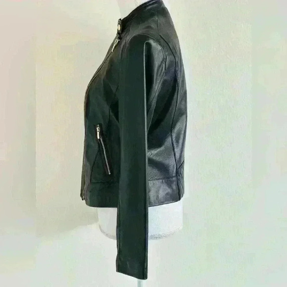 Cole Haan Band Collar Women’s Leather Moto Jacket Size Small - Picture 4 of 11